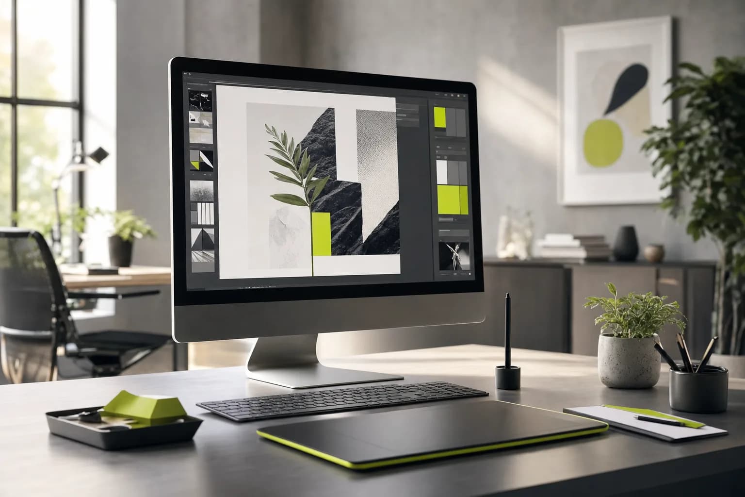 Un estudio creativo de marketing con un monitor de edición de imagen y muestras de color