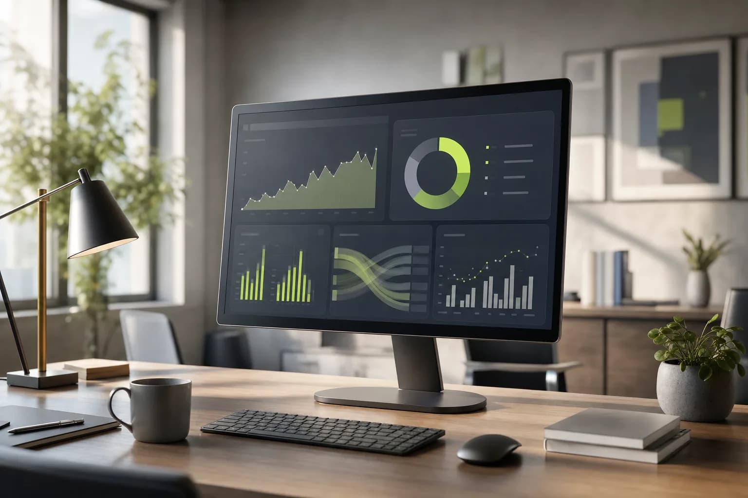 Un panel de gestión financiera en pantalla en una oficina luminosa y ordenada