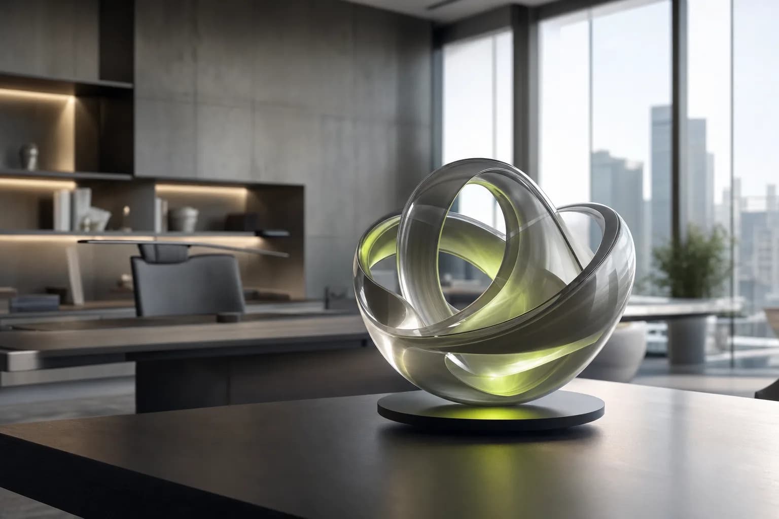 Una forma escultural elegante iluminada en una oficina moderna y luminosa, la IA corporativa como activo