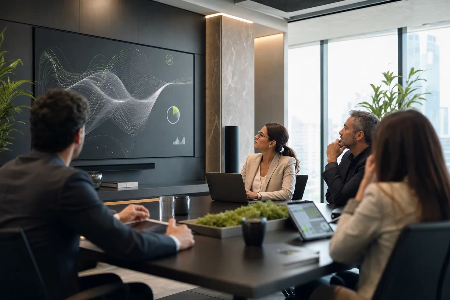 Una sala de reuniones corporativa moderna con una pantalla mostrando un panel de IA