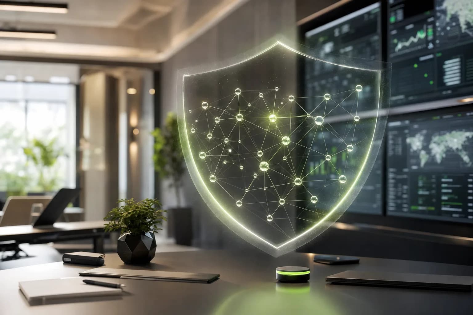 Un escudo de luz protegiendo nodos interconectados, entorno de seguridad moderno