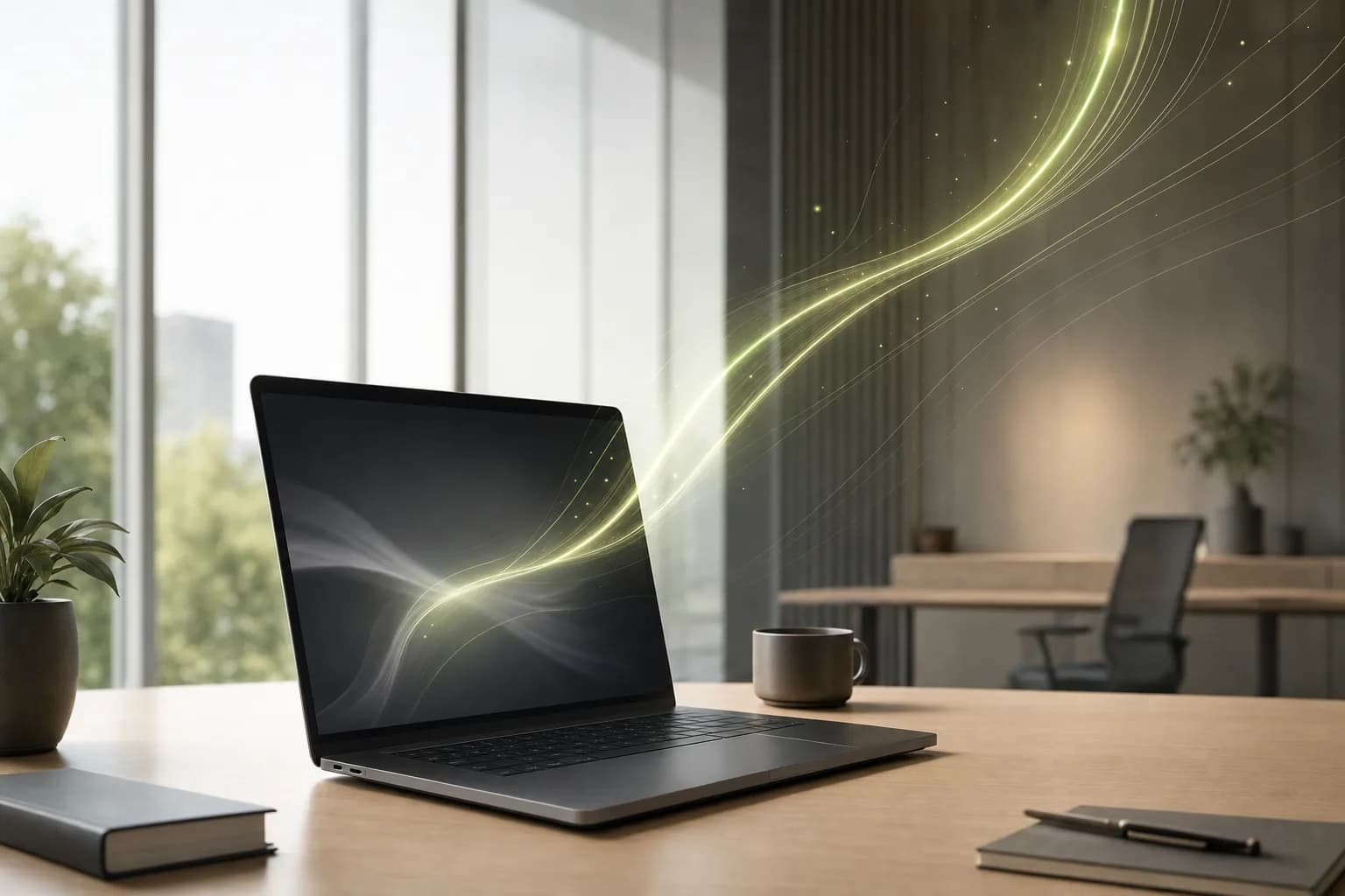 Un portátil sobre un escritorio claro con cintas de luz subiendo de la pantalla, software que se vuelve activo