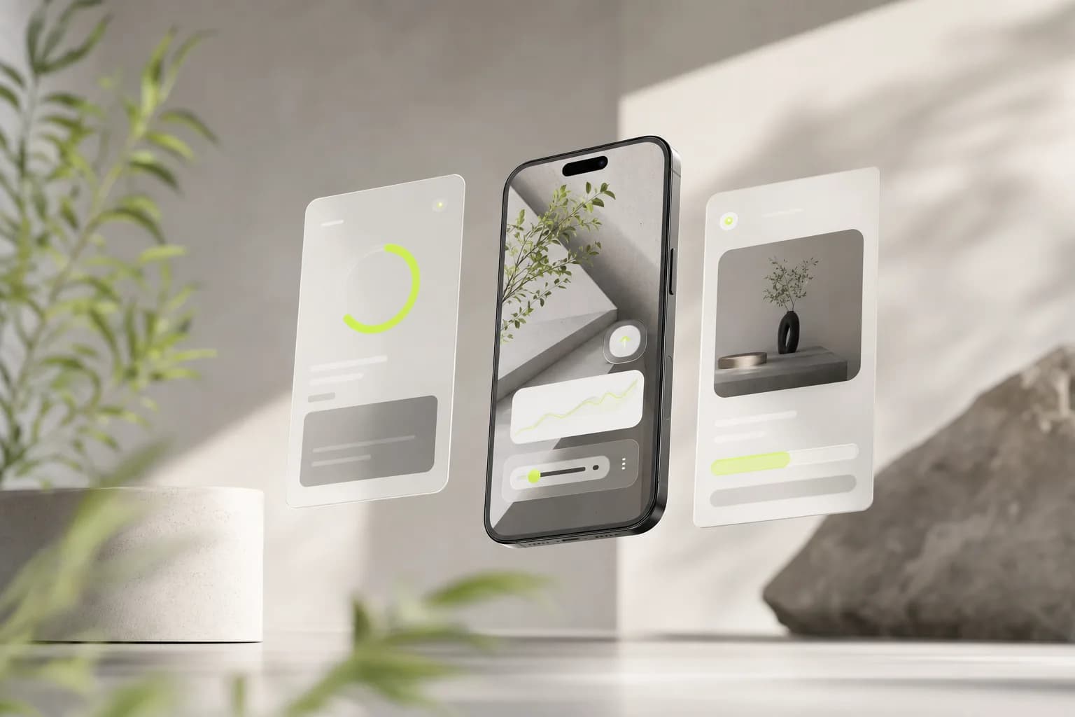 Un smartphone y paneles de interfaz limpia en un estudio luminoso, diseño de producto