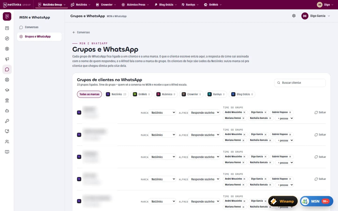 Groups and WhatsApp screen with each client group linked to a brand and Alfred set to Answers on its own