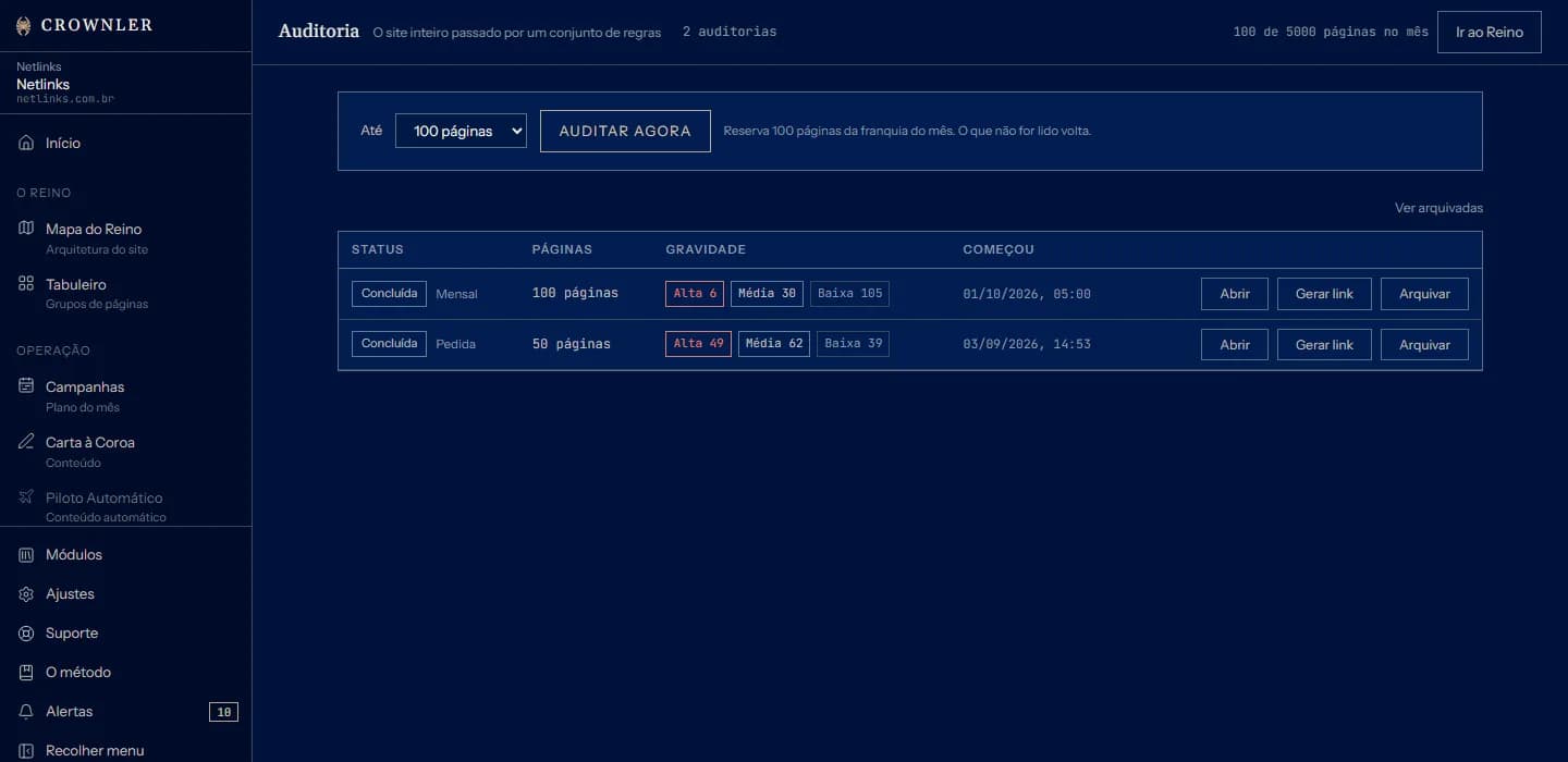 Crownler technical audit screen with page batches, severity and fixes