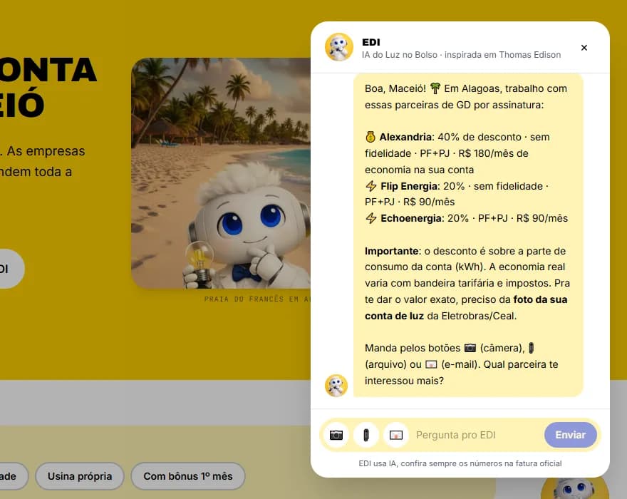 Conversation with EDI recommending community solar companies in Maceió with estimated savings