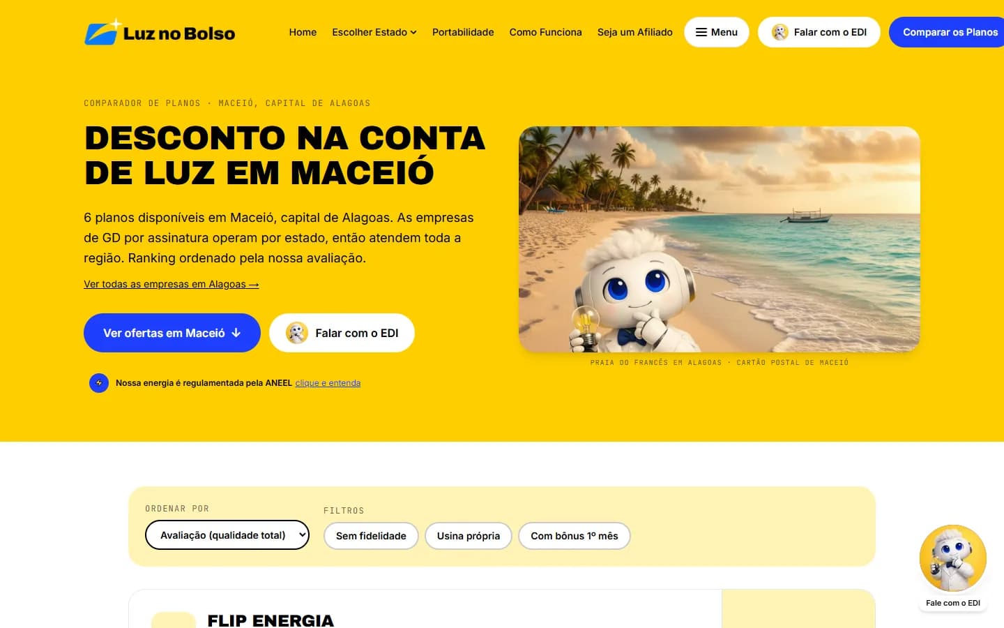 Electricity bill discount in Maceió page with buttons to see offers and talk to EDI