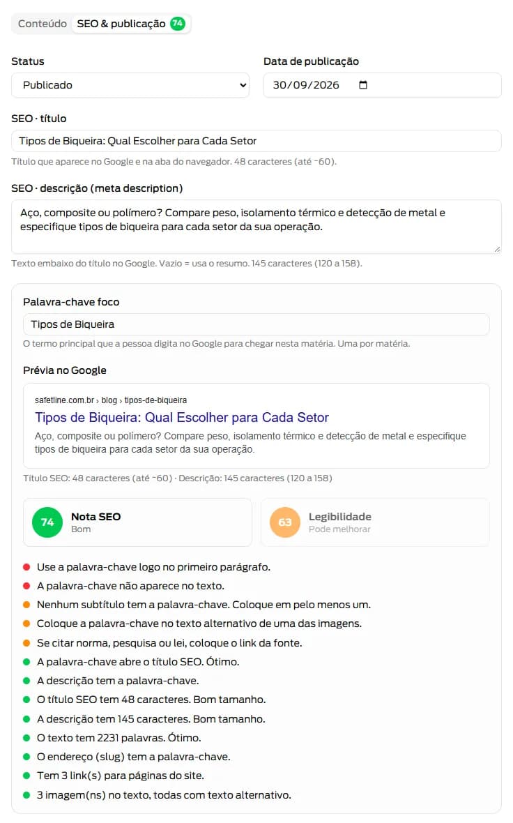SEO tab of an article in the panel with focus keyword, Google preview, SEO score 74 and readability 63