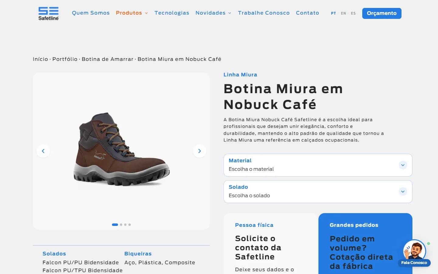 Miura Nobuck Café boot page with gallery, material and sole selectors and two contact paths