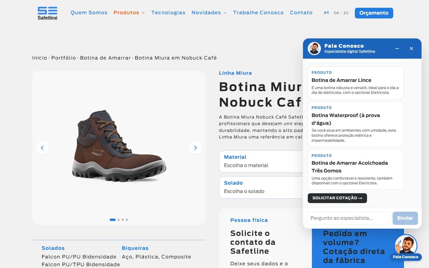 Safy chat open on the Safetline website recommending three boots for electricians with a Request quote button