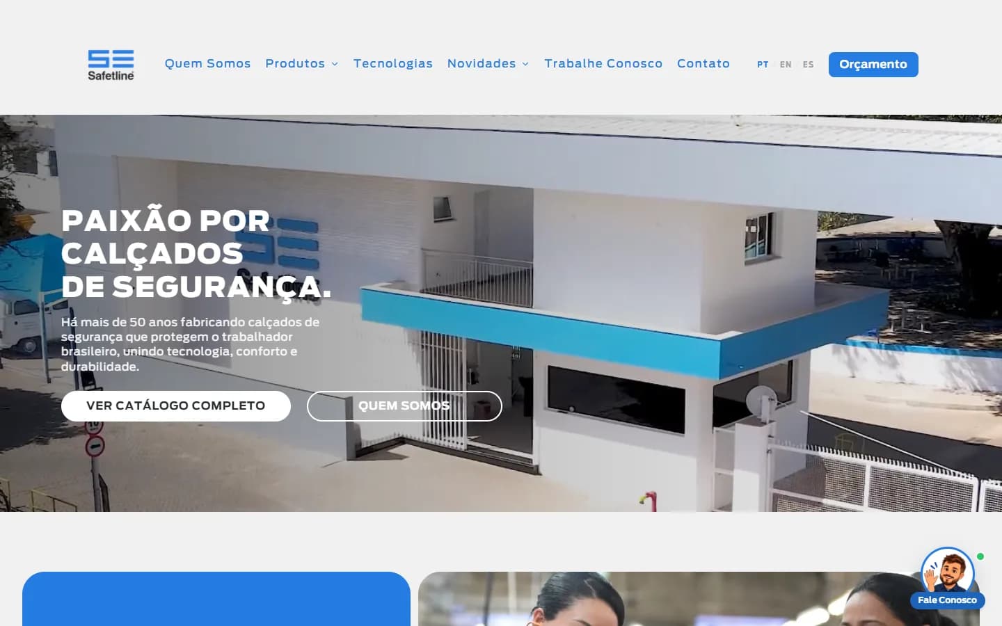 Safetline homepage with a factory video and the headline Passion for safety footwear