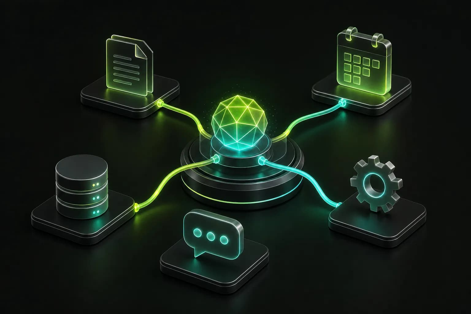 Isometric illustration of a glowing AI core connected to a document, calendar, database, chat and gear