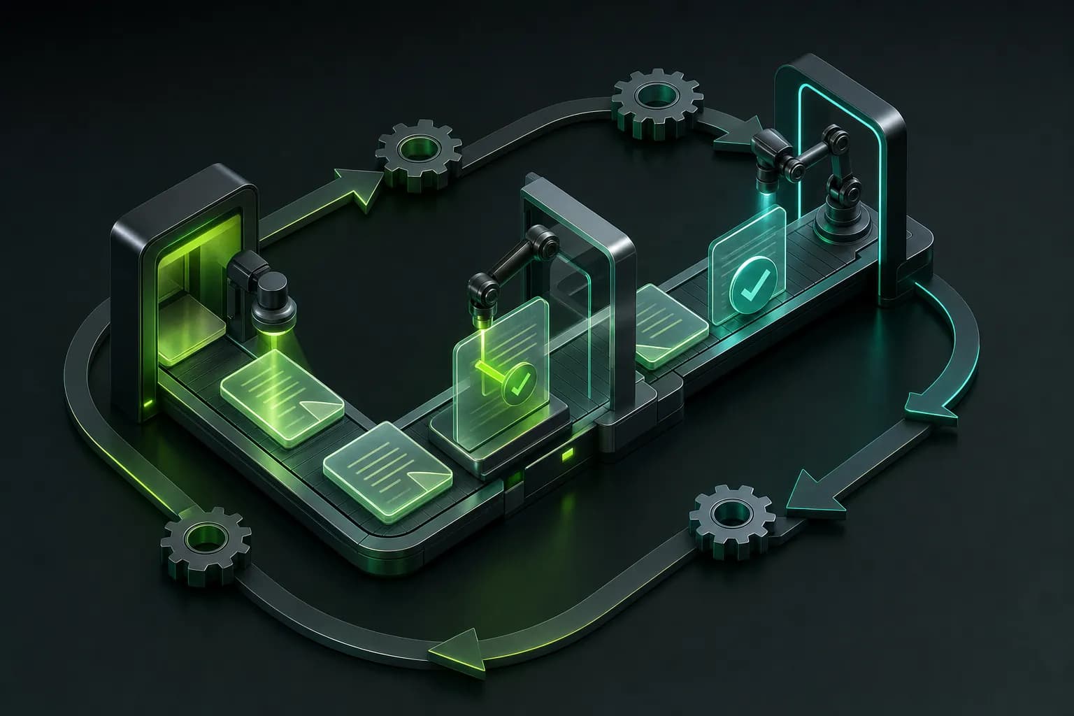 Isometric illustration of a conveyor of documents passing through reading, validation and approval stations with light arms