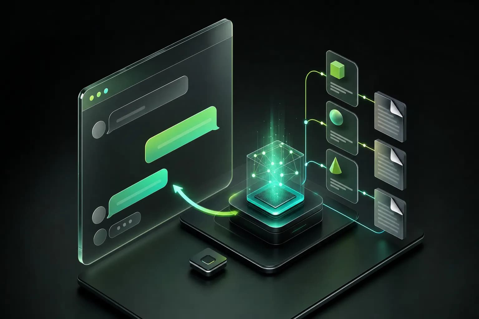 Isometric illustration of a glass chat window next to an AI core reading product cards and documents