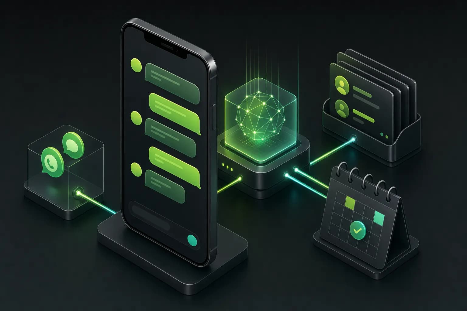 Isometric illustration of a phone with a green-bubble conversation connected to an AI core, a CRM and a calendar
