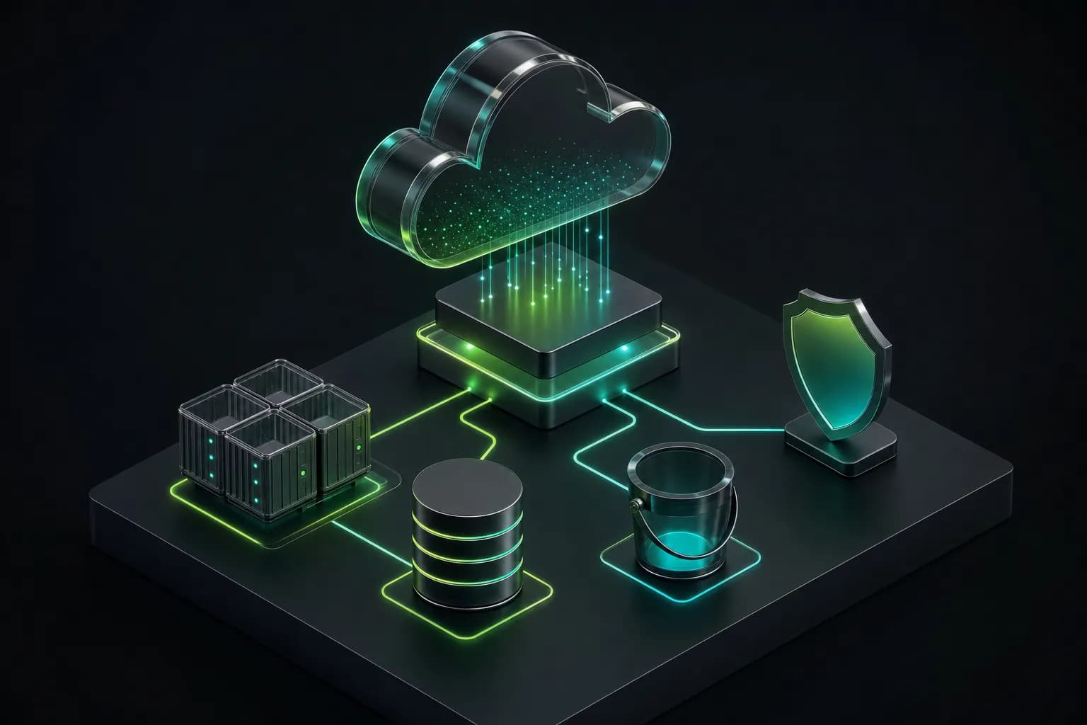 Isometric illustration of a glass cloud over a base with containers, database, storage bucket and shield connected