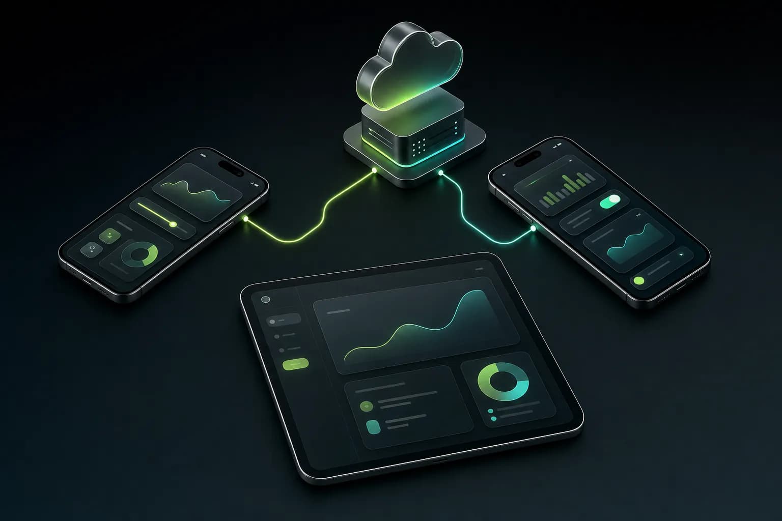 Isometric illustration of two phones and a tablet with card and chart interfaces connected to a cloud server