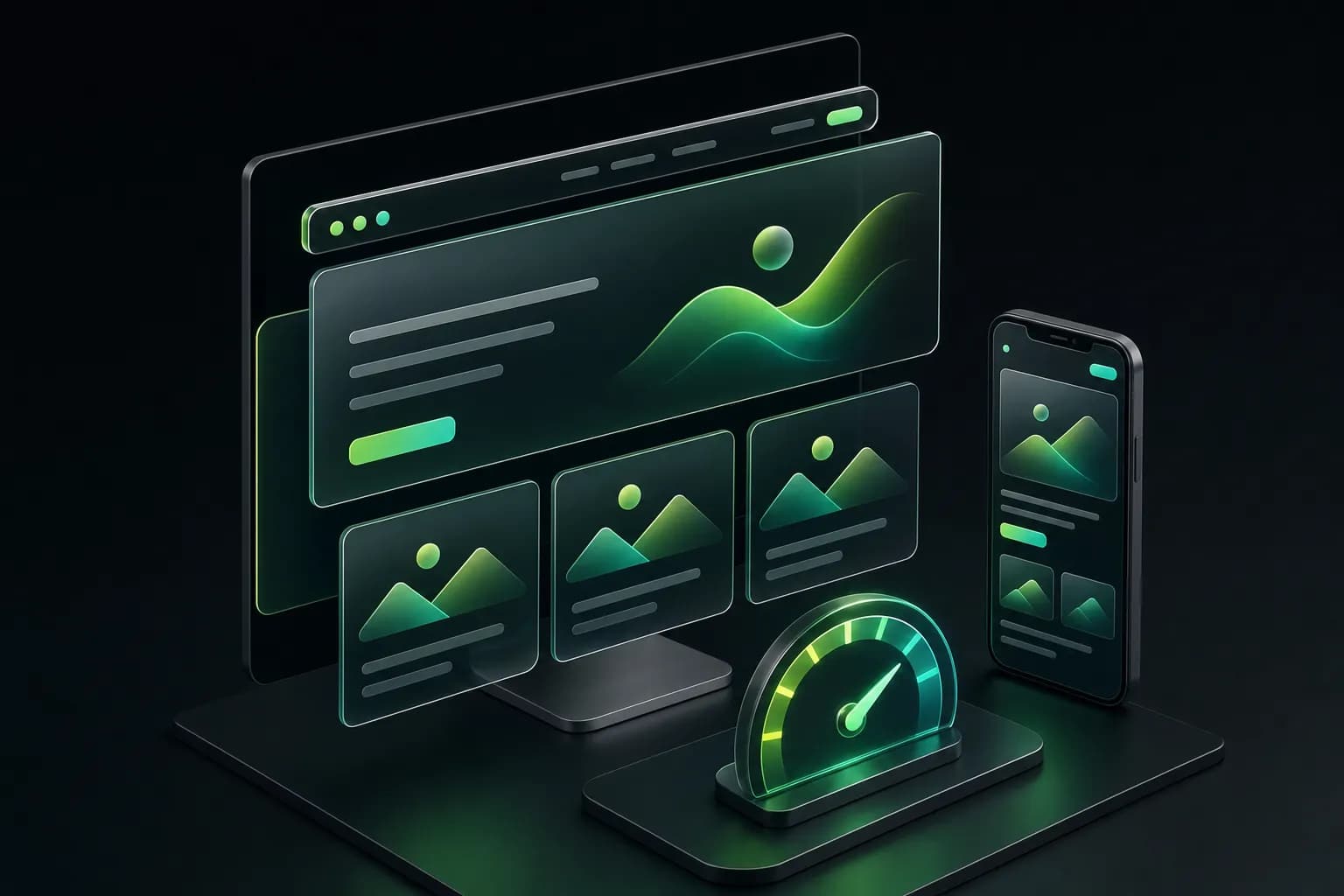 Isometric illustration of a website in glass layers next to a monitor and a phone, with a speed gauge
