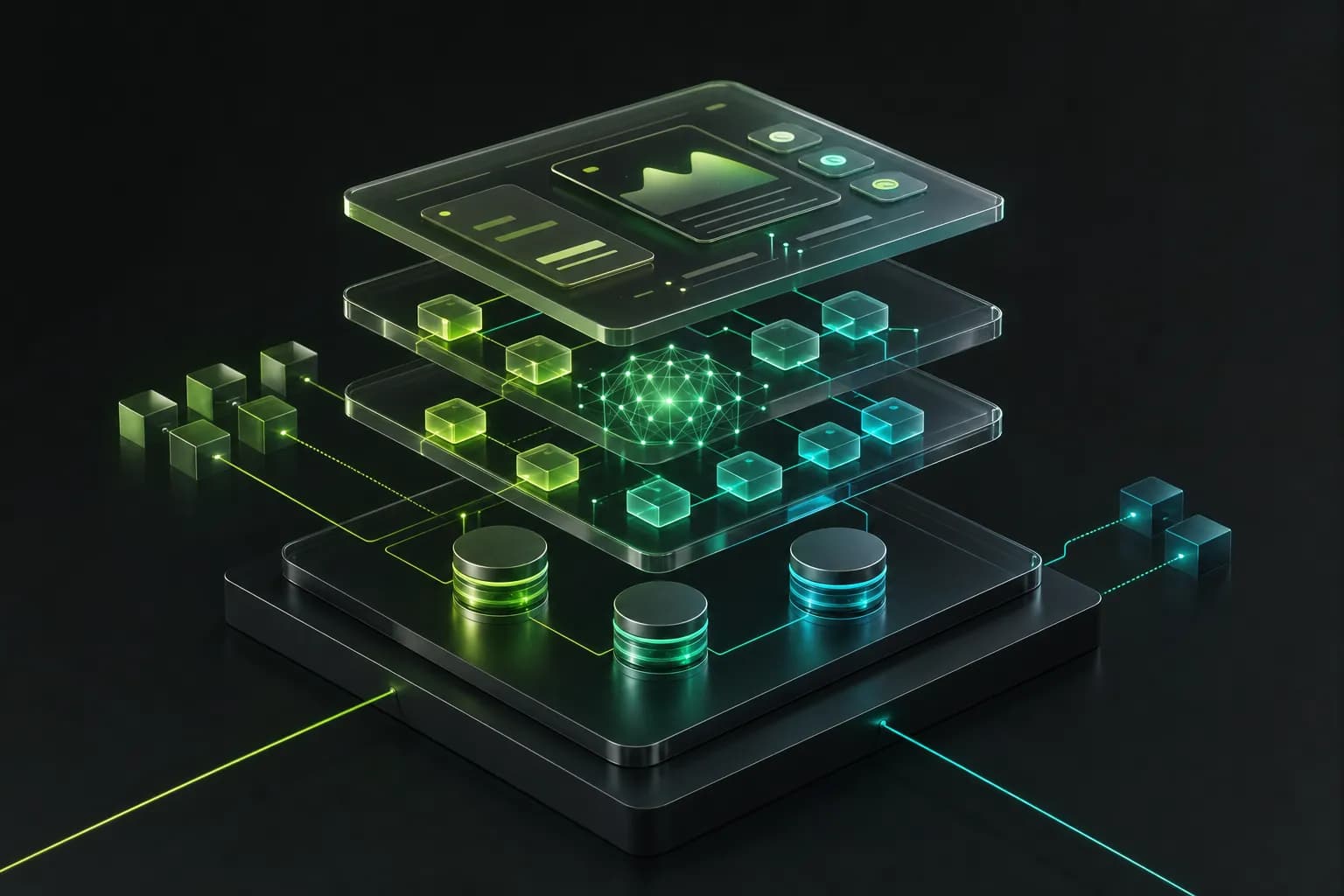 Isometric illustration of glass software layers over a dark base, with modules and an AI core glowing green