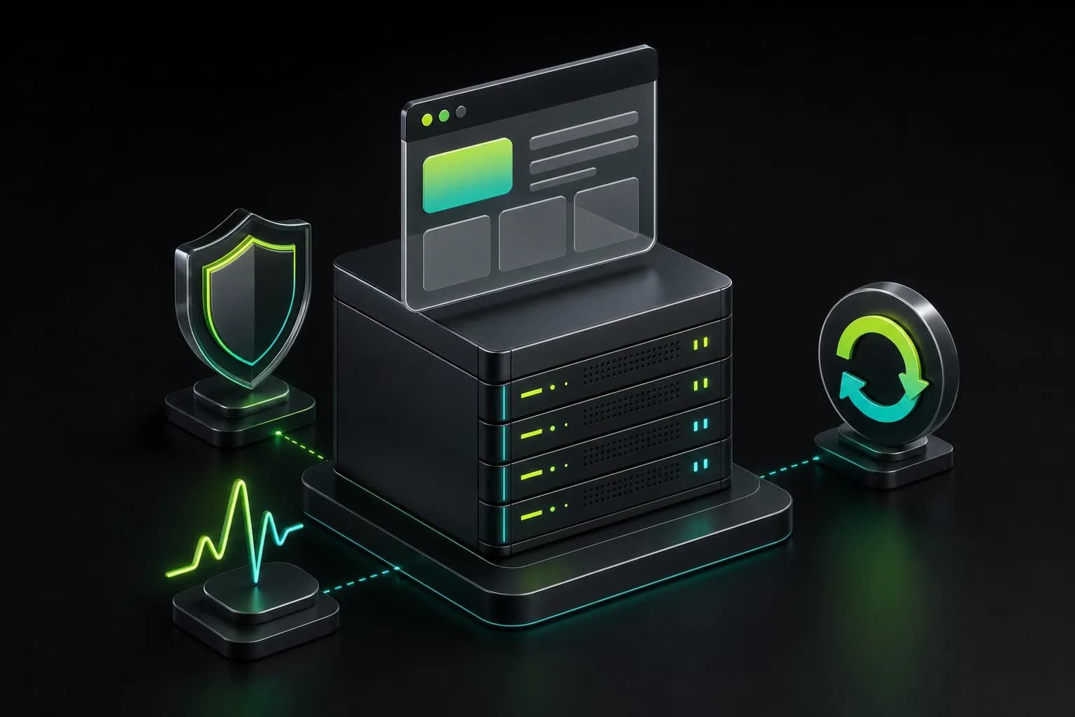 Isometric illustration of a dark server rack with green lights, a website window, a shield and a circular backup arrow