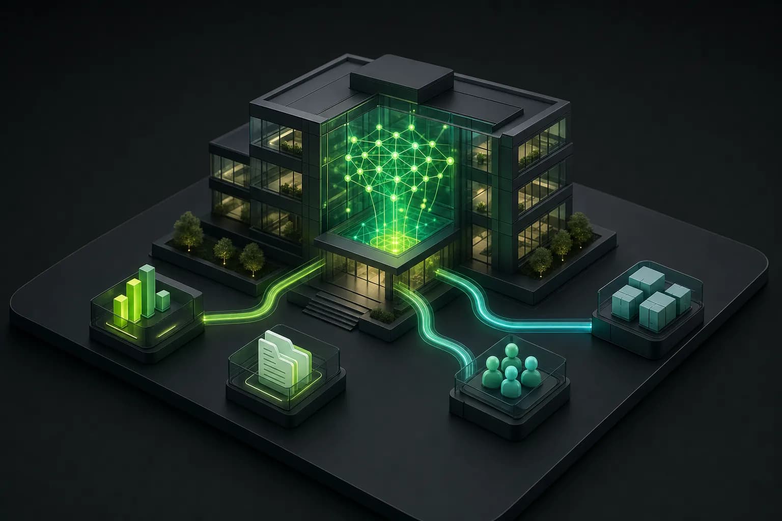 Isometric illustration of a corporate building with a neural network core in its atrium and light streams to each department
