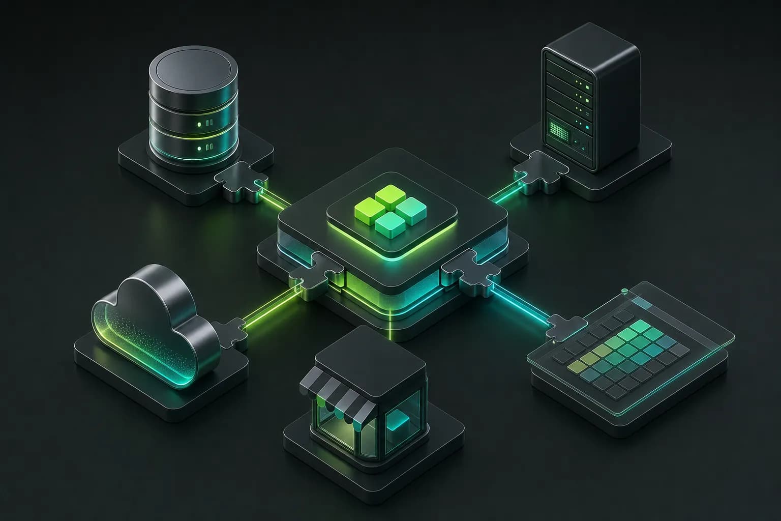 Isometric illustration of system blocks, database, cloud, storefront and spreadsheet connected to a central hub by light cables