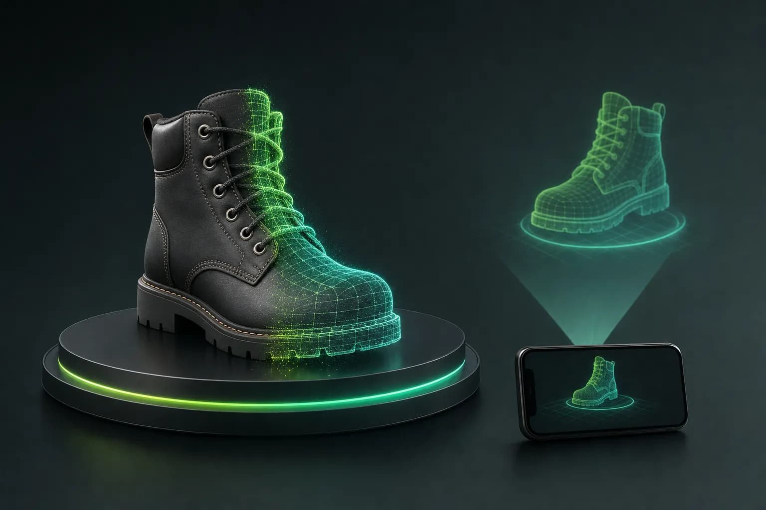 Illustration of a leather boot on a turntable, half photo and half light 3D mesh, with a phone projecting the boot in augmented reality