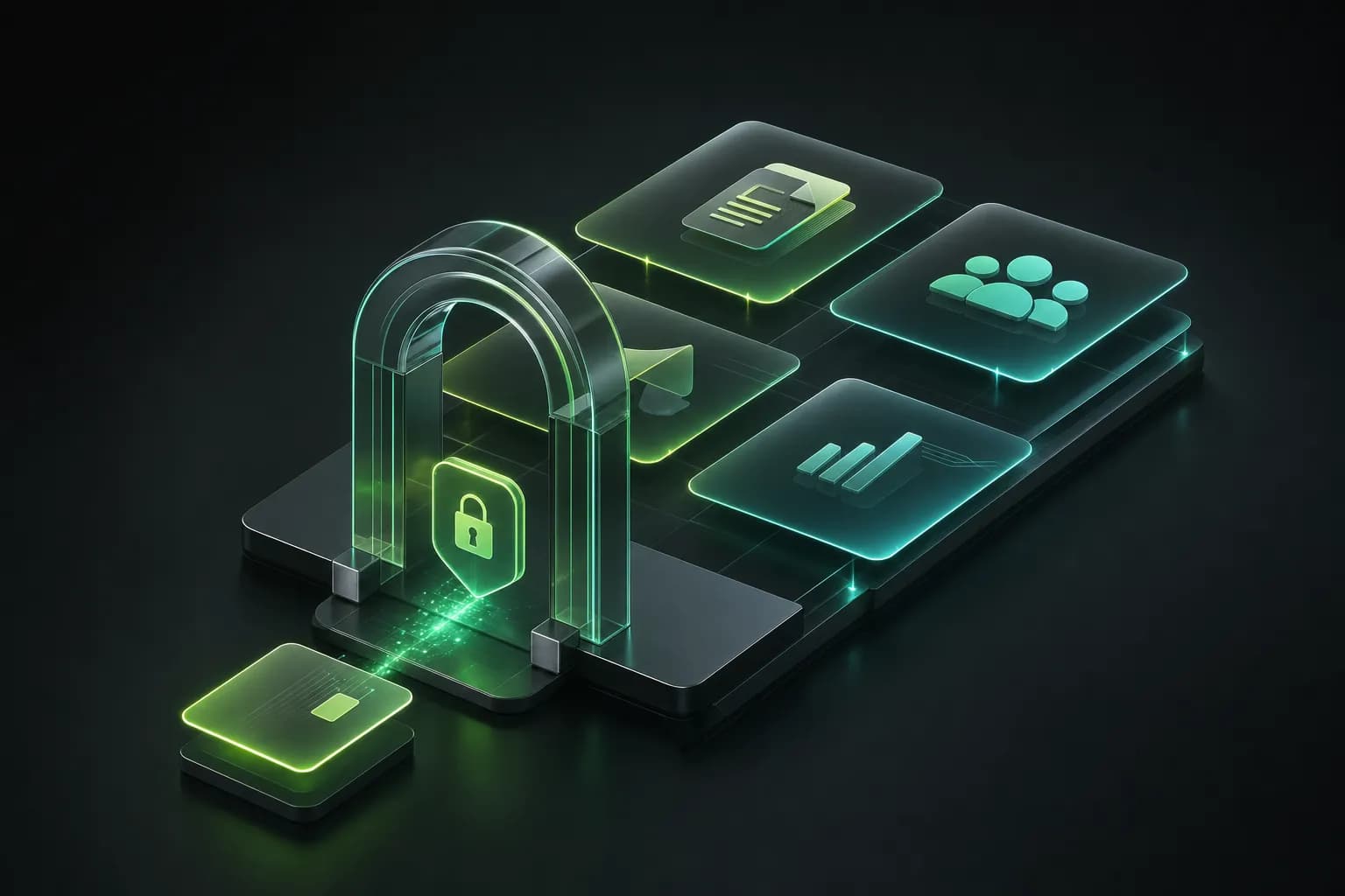 Isometric illustration of a glass gateway arch with a lock leading to tiles for documents, team, announcements and metrics