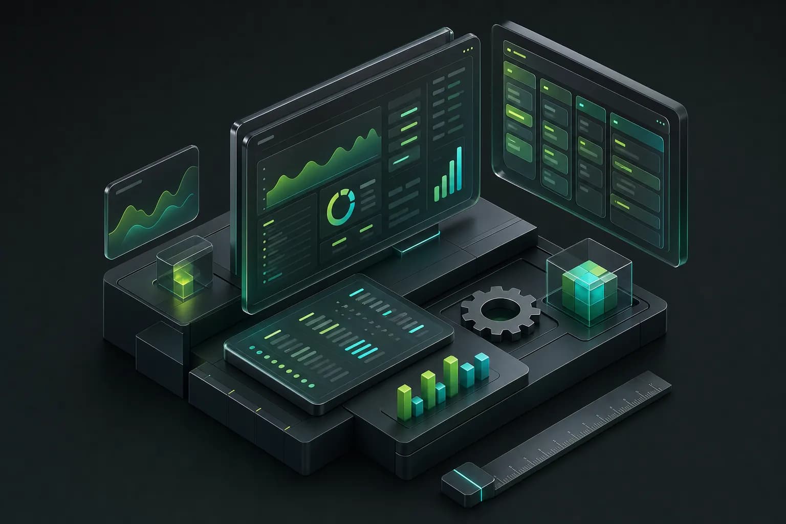 Isometric illustration of a control desk with glass panels, charts and modular boards in green