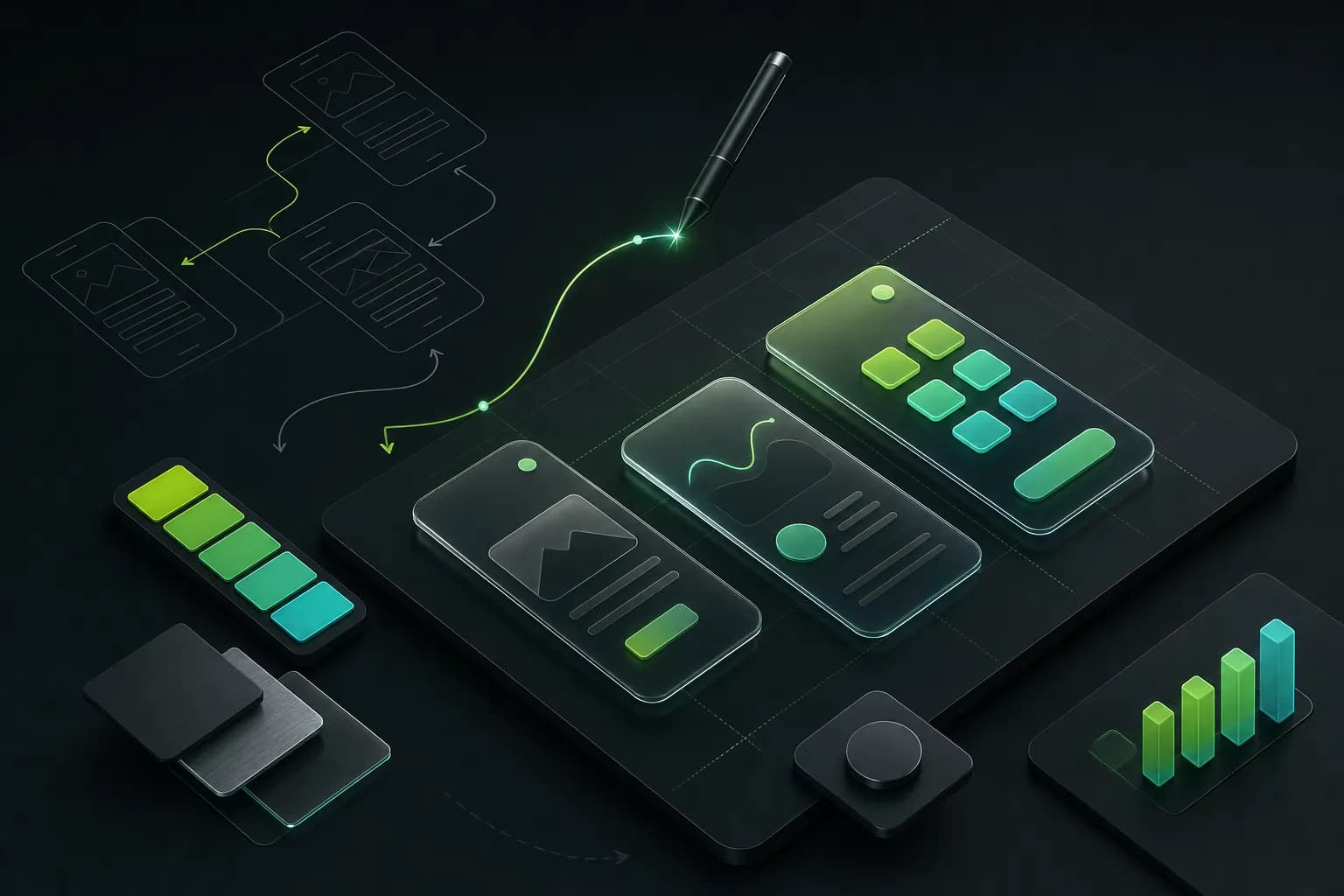 Isometric illustration of wireframes evolving into glass screens, with a light pen drawing a curve and color swatches