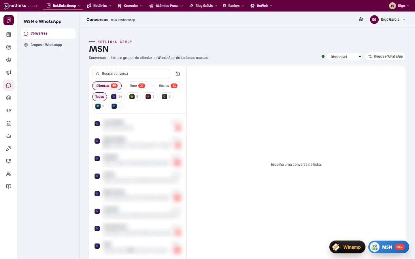 Netlinks Group MSN with Clients, Team and Others tabs and conversations by brand, names blurred