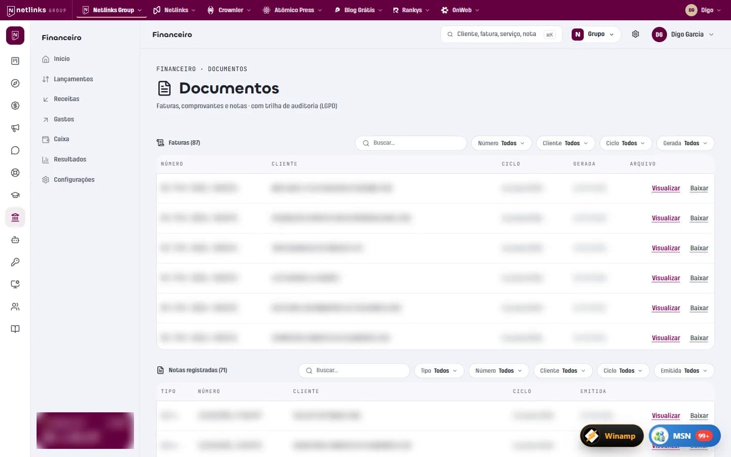 Documents screen with invoices and registered tax receipts and an audit trail, data blurred