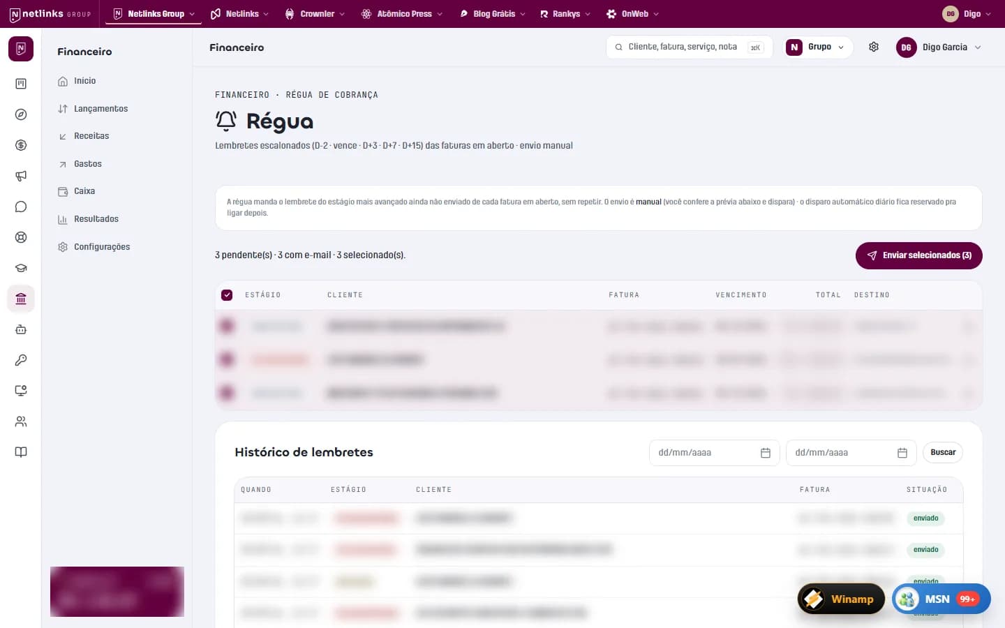 Dunning schedule with staged reminders and send history, data blurred