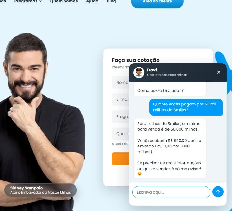 Davi chat open on the website answering how much 50,000 Smiles miles are worth