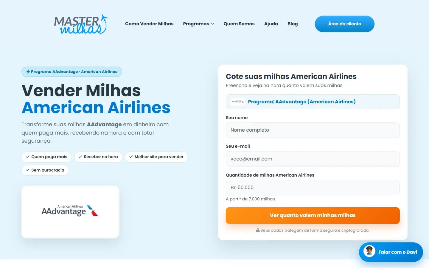 Sell American Airlines Miles page with the AAdvantage quote form