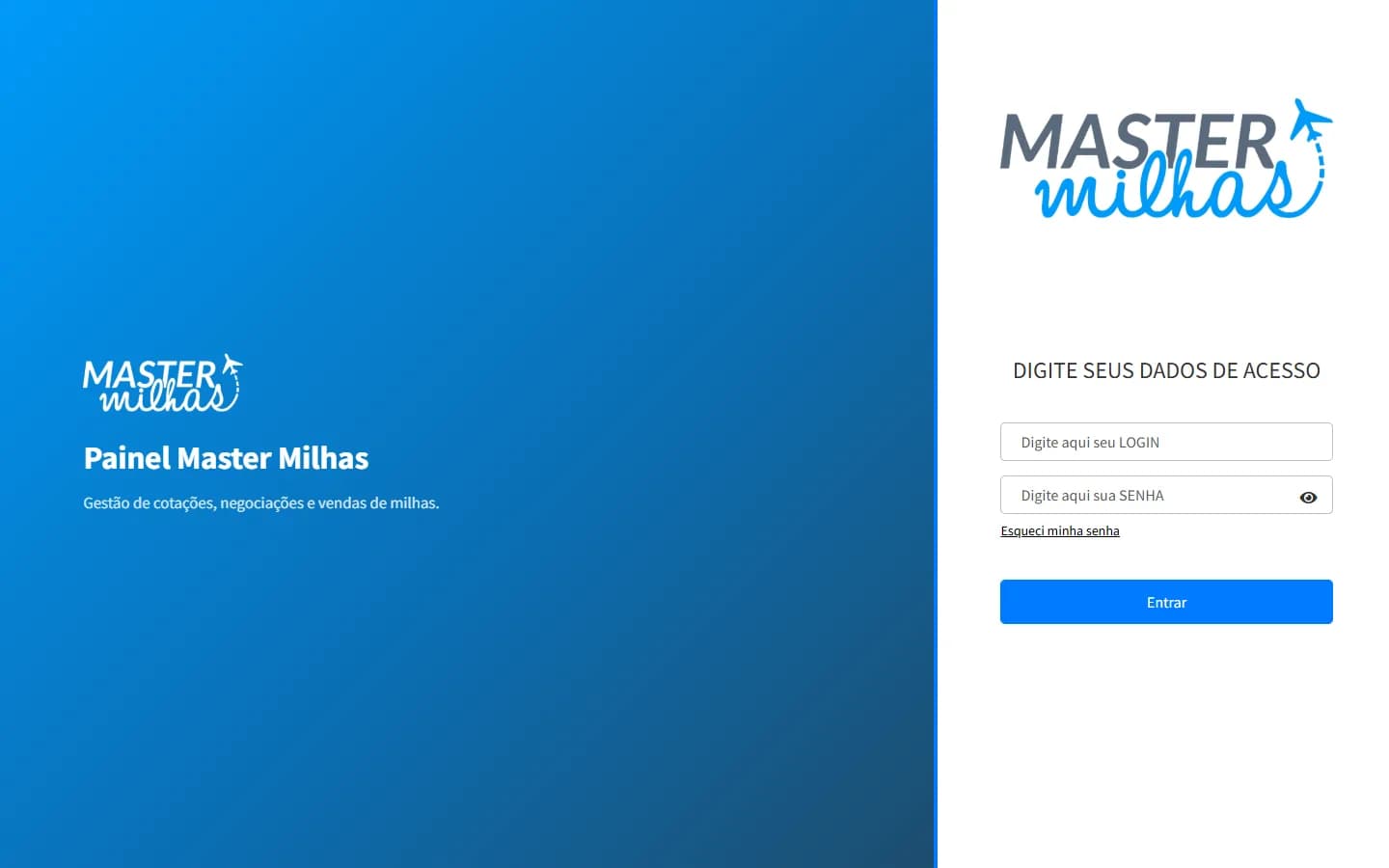Master Milhas Panel sign-in screen, management of quotes, deals and miles sales